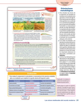 Las raíces medievales del mundo moderno
Historia, Geografía y
Ciencias Sociales
8º Básico
21
Para estudiar los inicios de1.	
la expansión de Occidente se
comienzaconlarevoluciónenla
agricultura a inicios del siglo XI.
Comotodoprocesodecambioen
eláreaagrícola,tuvosuestímulo
en un aumento de la población,
peroelcrecimientodemográfico
fue también su consecuencia al
permitirunamejoralimentación.
Laimportanciadeestoscambios
esquehicieronposiblelagenera-
cióndeexcedentesalimenticios,
losque,comosesabe,permiten
la especialización en el trabajo,
el aumento de la producción
artesanal y del comercio.
En el Texto se presentan y se2.	
describenlosavancestécnicosen
laagricultura,elnuevosistemade
rotacióndecultivosylaextensión
de la superficie cultivable como
resultadodelaeliminacióndelos
bosques en el norte de Europa.
Es importante detenerse en
este punto y comentarlo (ver
Reflexión).
Untemamuyinteresantequese3.	
dejaentreverenesteapartadoy,
especialmente,eneldocumento
de la página 17, es la distinta
prácticaagrícolaquesedesarrolló
en la Europa mediterránea y en
laEuropaseptentrional,debidoa
susdiferenciasecológicas.Para
trabajar este tema, además de
lasActividadesdeaprendizaje,
se sugiere realizar la Actividad
complementaria.
Orientaciones
metodológicas
Para evaluar la comprensión de antecedentes y consecuencias de los procesos estudiados,ŠŠ
pida a sus estudiantes que completen la segunda columna del siguiente cuadro:
Evaluación
Puede pedir a los alumnos y
alumnasmásavanzadosquere-
lacionenlosprocesosentresí.
Esta situación Debido a … Tuvo como consecuencia
Arado normando. (uso de la vertedera) Cosechas más abundantes.
Uso de hierro en el arado. (hizo más pesado el arado) Necesidad de enganche animal.
Mayor productividad agrícola. (menor mortalidad) Crecimiento demográfico.
Adelantos técnicos en la agricultura. (mayor producción agrícola) Mejor alimentación.
Generación de excedentes alimen-
ticios .
(especialización del trabajo y
más productos)
Aumento de la actividad artesa-
nal y del comercio.
Puede agregar al cuadro las siguientes
relaciones: necesidad de nuevas tierras/
desmonte/aumentodelasuperficiecultivada
en el norte de Europa, y nuevo enganche
lateral del caballo/avanza más rápido con
menos fatiga/mayor superficie arada por
unidaddetiempo.
Analizar e interpretar fuentes historiográficas.
Resolver problemas.
Relacionar
e inferir.
 