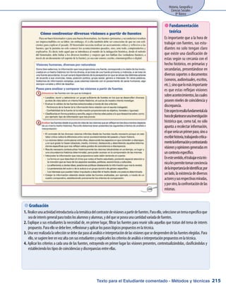 Texto para el Estudiante comentado - Métodos y técnicas
Historia, Geografía y
Ciencias Sociales
8º Básico
215
 Fundamentación
teórica
Es importante que a la hora de
trabajar con fuentes, sus estu-
diantes no solo tengan claro
que existe una clasificación de
estas según su cercanía con el
hecho histórico, en primarias y
secundarias, presentándose en
diversos soportes o documentos
(sonoros,audiovisuales,escritos,
etc.),sinoquelomásimportante
es que estas reflejan visiones
sobreacontecimientos,lascuales
poseen niveles de coincidencia y
discrepancia.
Esteaspectoresultafundamentalala
horadeplantearseunainvestigación
histórica que, como tal, no sólo
apunta a recolectar información,
elqueseríaunprimerpaso,sinoa
escribirhistoria,trabajandocrítica-
mentelainformaciónycontrastando
visionesyopinionesgeneradasen
uncontextoespecífico.
Enestesentido,eltrabajarestatéc-
nicalespermitetomarconciencia
delaimportanciadeidentificar,por
unlado,laexistenciadediversos
actoresysusrespectivasmiradas,
yporotro,laconfrontacióndelas
mismas.
 Graduación
Realiceunaactividadintroductoriaalatemáticadelcontrastedevisionesapartirdefuentes.Paraello,seleccioneuntemaespecíficoque1.	
seadeinterésgeneralparatodoslosalumnosyalumnas,ydelqueseposeaunacantidadvariadadefuentes.
Explique a sus estudiantes la necesidad de, en primer lugar, filtrar las fuentes para reunir sólo aquellas que tratan del tema de interés2.	
propuesto.Paraellosedebeleer,reflexionaryaplicarlospasoslógicospropuestosenlatécnica.
Unavezrealizadalaselecciónsedebedarpasoalanálisiseinterpretacióndelasvisionesquesedesprendendelasfuenteselegidas.Para3.	
ello,sesugiereleerenvozaltaconsusestudiantesyexplicarlesloscriteriosdeanálisiseinterpretaciónpropuestosenlatécnica.
Aplicar los criterios a cada una de las fuentes, extrayendo en primer lugar las visiones presentes, contextualizándolas, clasificándolas y4.	
estableciendolostiposdecoincidenciasydiscrepanciasentreellas.
 