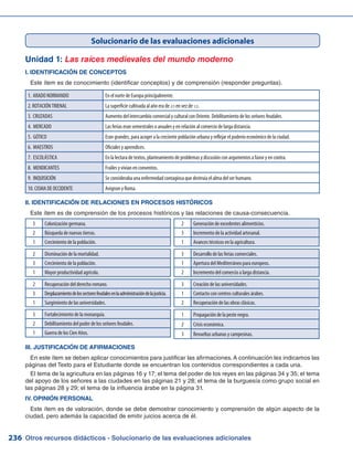 Otros recursos didácticos - Solucionario de las evaluaciones adicionales236
Unidad 1: Las raíces medievales del mundo moderno
I. IDENTIFICACIÓN DE CONCEPTOS
Este ítem es de conocimiento (identificar conceptos) y de comprensión (responder preguntas).
Solucionario de las evaluaciones adicionales
1.	ARADO NORMANDO En el norte de Europa principalmente.
2. ROTACIÓN TRIENAL La superficie cultivada al año era de 2/3 en vez de 1/2.
3.	CRUZADAS Aumento del intercambio comercial y cultural con Oriente. Debilitamiento de los señores feudales.
4. MERCADO Las ferias eran semestrales o anuales y en relación al comercio de larga distancia.
5. GÓTICO Eran grandes, para acoger a la creciente población urbana y reflejar el poderío económico de la ciudad.
6. MAESTROS Oficiales y aprendices.
7. ESCOLÁSTICA En la lectura de textos, planteamiento de problemas y discusión con argumentos a favor y en contra.
8. MENDICANTES Frailes y vivían en conventos.
9. INQUISICIÓN Se consideraba una enfermedad contagiosa que destruía el alma del ser humano.
10. CISMA DE OCCIDENTE Avignon y Roma.
II. IDENTIFICACIÓN DE RELACIONES EN PROCESOS HISTÓRICOS
Este ítem es de comprensión de los procesos históricos y las relaciones de causa-consecuencia.
3 Colonización germana.
2 Búsqueda de nuevas tierras.
1 Crecimiento de la población.
2 Generación de excedentes alimenticios.
3 Incremento de la actividad artesanal.
1 Avances técnicos en la agricultura.
2 Disminución de la mortalidad.
3 Crecimiento de la población.
1 Mayor productividad agrícola.
3 Desarrollo de las ferias comerciales.
1 Apertura del Mediterráneo para europeos.
2 Incremento del comercio a larga distancia.
2 Recuperación del derecho romano.
3 Desplazamientodelossectoresfeudalesenlaadministracióndelajusticia.
1 Surgimiento de las universidades.
3 Creación de las universidades.
1 Contacto con centros culturales árabes.
2 Recuperación de las obras clásicas.
3 Fortalecimiento de la monarquía.
2 Debilitamiento del poder de los señores feudales.
1 Guerra de los Cien Años.
1 Propagación de la peste negra.
2 Crisis económica.
3 Revueltas urbanas y campesinas.
III. JUSTIFICACIÓN DE AFIRMACIONES
En este ítem se deben aplicar conocimientos para justificar las afirmaciones.A continuación les indicamos las
páginas del Texto para el Estudiante donde se encuentran los contenidos correspondientes a cada una.
El tema de la agricultura en las páginas 16 y 17; el tema del poder de los reyes en las páginas 34 y 35; el tema
del apoyo de los señores a las ciudades en las páginas 21 y 28; el tema de la burguesía como grupo social en
las páginas 28 y 29; el tema de la influencia árabe en la página 31.
IV. OPINIÓN PERSONAL
Este ítem es de valoración, donde se debe demostrar conocimiento y comprensión de algún aspecto de la
ciudad, pero además la capacidad de emitir juicios acerca de él.
 