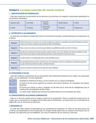 Otros recursos didácticos - Solucionario de las evaluaciones adicionales
Historia, Geografía y
Ciencias Sociales
8º Básico
237
Unidad 2: Las bases culturales del mundo moderno
I.	 IDENTIFICACIÓN DE PERSONAJES
Este ítem evalúa los conocimientos de los alumnos y las alumnas con respecto a personajes destacados en
los procesos estudiados.
1. Ignacio de Loyola 2. Juan Calvino
3. 	Erasmo de
	 Rotterdam
4. Nicolás Copérnico 5. Carlos V
6. Paulo III 7. Tomás Moro
8. 	Miguel Ángel
	 Buonarotti
9. Enrique VIII 10. Miguel Servet
II.	 ENTREVISTA A UN HUMANISTA
En este ítem se evalúa la comprensión sobre el movimiento humanista, fundamental para la comprensión de
la época.
Respuesta 1
El hecho de pensar que el ser humano es un ser capaz de grandes cosas; confiar en sus capacidades y que puede desarrollarse por medio de
la razón y, por otra parte, la admiración que siento por los sabios de la Antigüedad.
Respuesta 2 Porque creo que en esas obras se encuentra una gran sabiduría y la posibilidad de aprender más sobre el ser humano.
Respuesta 3
Buscando en los monasterios de Europa lo que habían copiado los monjes, en los centros culturales de los árabes que tradujeron las obras
clásicas al latín y lo que trajeron los sabios bizantinos que vinieron a Europa huyendo de la invasión de los turcos.
Respuesta 4 Los sabios bizantinos, como hablan griego, fueron nuestros principales maestros.
Respuesta 5
Han sido fundamentales para reunirnos, discutir los temas, hacer traducciones, escribir, etc. Generalmente son financiadas por personas
ricas que se interesan por promover la cultura. Los llamamos mecenas.
Respuesta 6 Sí, gracias a la imprenta se pueden hacer más copias de las obras y difundirlas.
III. VERDADERO o FALSO
Este ítem evalúa la comprensión de sus estudiantes sobre diferentes temáticas de la unidad. Las respuestas
falsas, con su justificación, son las siguientes:
Aceptaba la existencia de Dios y el ser humano era su criatura privilegiada.
El avance de los turcos significó la creación del Imperio Otomano en reemplazo del Imperio
Bizantino.
El asunto que motivó a Lutero a redactar sus 95 tesis fue la venta de las indulgencias para la
construcción de la Basílica de San Pedro.
La nueva orden religiosa que favoreció la Contrarreforma fue la Compañía de Jesús.
1. F
4. F
7. F
9. F
IV. CONFECCIÓN DE UN CUADRO COMPARATIVO
Este es un ítem de análisis que se evalúa a través de la comparación. Para su resolución puede recurrir al
cuadro que se encuentra en la página 63 del Texto para el Estudiante y al solucionario de la actividad de la
página 69, que se encuentra en esta Guía.
V. DESARROLLO
En este ítem debe evaluar la capacidad de sus estudiantes de establecer un orden en las ideas acerca de
un tema y de expresarlas en forma adecuada. Al corregir el texto debe tener en cuenta la información que se
presenta, las relaciones que se establecen, así como la redacción de sus alumnos y alumnas.
 