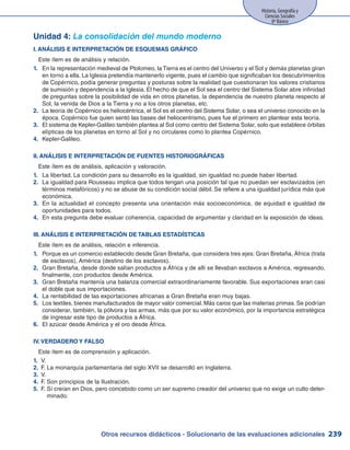Otros recursos didácticos - Solucionario de las evaluaciones adicionales
Historia, Geografía y
Ciencias Sociales
8º Básico
239
Unidad 4: La consolidación del mundo moderno
I. ANÁLISIS E INTERPRETACIÓN DE ESQUEMAS GRÁFICO
Este ítem es de análisis y relación.
En la representación medieval de Ptolomeo, la Tierra es el centro del Universo y el Sol y demás planetas giran1.	
en torno a ella. La Iglesia pretendía mantenerlo vigente, pues el cambio que significaban los descubrimientos
de Copérnico, podía generar preguntas y posturas sobre la realidad que cuestionaran los valores cristianos
de sumisión y dependencia a la Iglesia. El hecho de que el Sol sea el centro del Sistema Solar abre infinidad
de preguntas sobre la posibilidad de vida en otros planetas, la dependencia de nuestro planeta respecto al
Sol, la venida de Dios a la Tierra y no a los otros planetas, etc.
La teoría de Copérnico es heliocéntrica, el Sol es el centro del Sistema Solar, o sea el universo conocido en la2.	
época. Copérnico fue quien sentó las bases del heliocentrismo, pues fue el primero en plantear esta teoría.
El sistema de Kepler-Galileo también plantea al Sol como centro del Sistema Solar, solo que establece órbitas3.	
elípticas de los planetas en torno al Sol y no circulares como lo plantea Copérnico.
Kepler-Galileo.4.	
II. ANÁLISIS E INTERPRETACIÓN DE FUENTES HISTORIOGRÁFICAS
Este ítem es de análisis, aplicación y valoración.
La libertad. La condición para su desarrollo es la igualdad, sin igualdad no puede haber libertad.1.	
La igualdad para Rousseau implica que todos tengan una posición tal que no puedan ser esclavizados (en2.	
términos metafóricos) y no se abuse de su condición social débil. Se refiere a una igualdad jurídica más que
económica.
En la actualidad el concepto presenta una orientación más socioeconómica, de equidad e igualdad de3.	
oportunidades para todos.
En esta pregunta debe evaluar coherencia, capacidad de argumentar y claridad en la exposición de ideas.4.	
III. ANÁLISIS E INTERPRETACIÓN DE TABLAS ESTADÍSTICAS
Este ítem es de análisis, relación e inferencia.
Porque es un comercio establecido desde Gran Bretaña, que considera tres ejes: Gran Bretaña, África (trata1.	
de esclavos), América (destino de los esclavos).
Gran Bretaña, desde donde salían productos a África y de allí se llevaban esclavos a América, regresando,2.	
finalmente, con productos desde América.
Gran Bretaña mantenía una balanza comercial extraordinariamente favorable. Sus exportaciones eran casi3.	
el doble que sus importaciones.
La rentabilidad de las exportaciones africanas a Gran Bretaña eran muy bajas.4.	
Los textiles, bienes manufacturados de mayor valor comercial. Más caros que las materias primas. Se podrían5.	
considerar, también, la pólvora y las armas, más que por su valor económico, por la importancia estratégica
de ingresar este tipo de productos a África.
El azúcar desde América y el oro desde África.6.	
IV. VERDADERO Y FALSO
Este ítem es de comprensión y aplicación.
V.1.	
F.	La monarquía parlamentaria del siglo XVII se desarrolló en Inglaterra.2.	
V.3.	
F.	Son principios de la Ilustración.4.	
F.	Sí creían en Dios, pero concebido como un ser supremo creador del universo que no exige un culto deter-5.	
minado.
 
