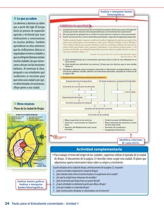 Texto para el Estudiante comentado - Unidad 124
A partir del plano de la ciudad de Brujas y del documento de la página 23, responde:
1.	 ¿Cuál era el núcleo original de la ciudad de Brujas?
2.	 ¿Qué relación existe entre el sistema feudal y el surgimiento de la ciudad?
3.	 ¿Por qué la ciudad tiene cinturones de murallas?
4.	 ¿Qué río permitía que Brujas fuera un puerto fluvial?
5.	 ¿A qué actividades se dedicaba la gente que afluía a Brujas?
6.	 ¿Con qué ciudades se conectaba Brujas?
7.	 ¿Qué construcciones del plano se relacionaban con el comercio?
 Lo que ya saben
Losalumnosyalumnasyasaben
que a partir del siglo XI Europa
inició un proceso de expansión
agrícola y territorial que tuvo
motivaciones y consecuencias
en muchos ámbitos. También
aprendieronenañosanteriores
quelascivilizacionesclásicasse
organizabanentornoaciudadesy
queenelImperioRomanoexistían
muchasciudades,lasquecomen-
zaronadecaerconlasinvasiones
bárbaras. Al comenzar la clase,
pregunte a sus estudiantes qué
condiciones se necesitan para
queexistaunaciudadoporqué,
endeterminadascircunstancias,
afluye gente a una ciudad.
Para trabajar el tema del origen de las ciudades, sugerimos utilizar el ejemplo de la ciudadŠŠ
de Brujas. El documento de la página 23 describe cómo surgió esta ciudad. El plano que
adjuntamos aporta interesantes datos sobre su origen y crecimiento.
Actividad complementaria
 Otros recursos
Plano de la ciudad de Brujas
Analizar fuentes gráficas.
Analizar e interpretar
fuentes historiográficas.
Identificar relaciones
de causa-efecto.
Analizar e interpretar fuentes
historiográficas.
 