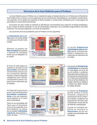 4 Estructura de la Guía Didáctica para el Profesor
	 La Guía Didáctica para el Profesor es un material de apoyo al trabajo docente con el Texto para el Estudiante.
Para facilitar tanto su lectura como la aplicación de las orientaciones metodológicas y actividades complementa-
rias sugeridas, se ha optado por presentar el Texto completo y miniaturizado, señalando junto a cada página los
comentarios e instrumentos pertinentes.
	 Al principio de cada unidad se presenta la planificación recomendada para organizar el trabajo pedagógico,
la que incluye el tiempo estimado, la ruta de aprendizajes esperados, los contenidos programáticos que estos
involucran, los recursos didácticos y el modo de evaluación.
	 Las secciones de la Guía Didáctica para el Profesor son las siguientes:
Estructura de la Guía Didáctica para el Profesor
La Presentación de la uni-
dad expone el sentido global
y los ejes que articulan cada
unidad.
Asimismo, se propone una
Red conceptual que presenta
y relaciona los conceptos
claves que se trabajarán en
la unidad.
La sección Sugerencias
metodológicas para la uni-
dad aporta orientaciones,
énfasis e indicaciones con-
cretas para el tratamiento de
la unidad.
A lo largo de la guía se pro-
ponen permanentemente
Actividades complemen-
tarias a las que aparecen
desarrolladas en el Texto
para el Estudiante.
Al inicio de cada página se
presenta un recuadro con Lo
que ya saben, que indica los
conocimientos previos que
sus estudiantes debieran
manejar o propone preguntas
indagatorias para rescatar
conocimientos previos res-
pecto de los contenidos que
se tratarán.
La sección de Evaluación
permite verificar en forma
constante y progresiva la
comprensión de los conteni-
dos tratados y potenciar las
evaluaciones del Texto para
el Estudiante a través del uso
de distintas metodologías.
Cuando se considera per-
tinente se incorpora un
Solucionario con las res-
puestas a las actividades más
complejas.
Tanto en las actividades del
Texto para el Estudiante
como en las sugeridas en la
Guía Didáctica, se indican
las principales habilidades
cognitivas desarrolladas a
través de ellas.
UnaseccióndeOrientaciones
metodológicas se desarrolla
en cada página con el fin de
que el profesor o profesora
puedaaprovecharalmáximolos
recursosquesepresentantanto
en el Texto para el Estudiante
como en la Guía Didáctica.Se
señalan además los objetivos
y énfasis que deben orientar
su trabajo docente.
 