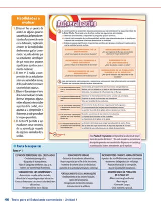 Texto para el Estudiante comentado - Unidad 146
 Pauta de respuestas
Ítem nº 1
EXPANSIÓN TERRITORIAL DE LA CRISTIANDAD
-Crecimiento demográfico.
-Búsqueda de nuevas tierras.
-Afán de conquistar territorios para la fe.
-Interés por incrementar el comercio.
RENACIMIENTO URBANO
-Existencia de excedentes alimenticios.
-Mayor seguridad por el fin de las invasiones.
-Incentivo de señores laicos y eclesiásticos.
-Aumento de la actividad artesanal y comercial.
INCREMENTODELCOMERCIOALARGADISTANCIA
-AperturadelmarMediterráneoparaloseuropeos.
-Incremento de la producción en Europa.
-Avances técnicos de la navegación.
-Mayor seguridad en los caminos.
SURGIMIENTO DE LAS UNIVERSIDADES
-Aumento de escuelas en las ciudades.
-Interés de la burguesía por mayor educación.
-Contactodeeuropeosconcentrosculturalesárabes
y bizantinos.
-Recuperación de obras clásicas.
FORTALECIMIENTO DE LAS MONARQUÍAS
-Debilitamiento de los señores feudales.
-Apoyo de la burguesía.
-Recuperación del derecho romano.
-Introducción de la artillería.
DISMINUCIÓN DE LA POBLACIÓN
EN EL SIGLO XIV
-Malas cosechas y hambrunas.
-Peste negra.
-Guerras en Europa.
-Crisis económica y social.
Elítemnº1esunejerciciode1.	
análisis de algunos procesos
característicosdelperíodo,cen-
trándosefundamentalmente
ensudefiniciónyexplicación
a través de la multiplicidad
deelementosquelosfavore-
cieron. Se pide además que
sus estudiantes identifiquen
de qué modo esos procesos
significaron cambios en el
mundomedieval.
El ítem nº 2 evalúa la com-2.	
prensión de sus estudiantes
sobreunavariedaddetemas,
deloscualesdebenreconocer
característicasocausas.
Elítemnº3secentraeneltema3.	
delaciudadmedievalypresenta
diversas preguntas: algunas
midenelconocimientosobre
aspectos de la ciudad, otras
apuntan a la comprensión y,
finalmente,sepidequeanalicen
laimagenpresentada.
El ítem nº4 permite a sus4.	
estudiantestomarconciencia
de su aprendizaje respecto
de objetivos centrales de la
unidad.
Habilidades a
evaluar
EstaPautaderespuestascorrespondealasolucióndelospri-
merosdospuntosdelítemnº1.Encadarecuadrosepresentauna
descripcióngeneralounacaracterísticadelprocesoencuestión,y
acontinuación,lostresantecedentesqueloexplican.
 
