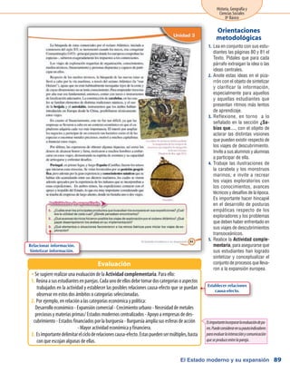 El Estado moderno y su expansión
Historia, Geografía y
Ciencias Sociales
8º Básico
89
Lea en conjunto con sus estu-1.	
diantes las páginas 80 y 81 el
Texto. Pídales que para cada
párrafo extraigan la idea o las
ideas centrales.
Anote estas ideas en el piza-2.	
rrón con el objeto de sintetizar
y clarificar la información,
especialmente para aquellos
y aquellas estudiantes que
presentan ritmos más lentos
de aprendizaje.
Reflexione, en torno a lo3.	
señalado en la sección ¿Sa-
bías que…, con el objeto de
aclarar las distintas visiones
que pueden existir respecto de
los viajes de descubrimiento.
Invite a sus alumnos y alumnas
a participar de ella.
Trabaje las ilustraciones de4.	
la carabela y los monstruos
marinos, e invite a recrear
los viajes exploratorios con
los conocimientos, avances
técnicos y desafíos de la época.
Es importante hacer hincapié
en el desarrollo de posturas
empáticas respecto de los
exploradores y los problemas
que deben haber enfrentado en
sus viajes de descubrimientos
transoceánicos.
Realice la5.	 Actividad comple-
mentaria, para asegurarse que
sus estudiantes han logrado
sintetizar y conceptualizar el
conjunto de procesos que lleva-
ron a la expansión europea.
Orientaciones
metodológicas
Se sugiere realizar una evaluación de laŠŠ Actividad complementaria. Para ello:
Reúnaasusestudiantesenparejas.Cadaunodeellosdebetomardoscategoríasoaspectos1.	
trabajados en la actividad y establecer las posibles relaciones causa-efecto que se puedan
observar en estos dos ámbitos o categorías seleccionadas.
Por ejemplo, en relación a las categorías económica y política:2.	
Desarrollo económico - Expansión comercial - Crecimiento urbano - Necesidad de metales
preciosos y materias primas/ Estados modernos centralizados - Apoyo a empresas de des-
cubrimiento - Estados financiados por la burguesía - Burguesía amplía sus esferas de acción
- Mayor actividad económica y financiera.
Esimportantedelimitarelcicloderelacionescausa-efecto.Estaspuedensermúltiples,basta3.	
con que escojan algunas de ellas.
Evaluación
Esimportanteincorporarlaevaluacióndepa-
res.Puedeconsiderarensupautaindicadores
paraevaluarlainteracciónycomunicación
queseproduceentrelapareja.
Relacionar información.
Sintetizar información.
Establecer relaciones
causa-efecto.
 