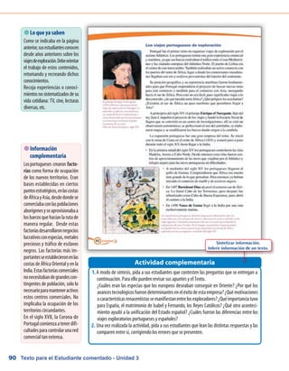 Texto para el Estudiante comentado - Unidad 390
 Lo que ya saben
Como se indicaba en la página
anterior,susestudiantesconocen
desde años anteriores sobre los
viajesdeexploración.Debeorientar
el trabajo de estos contenidos,
retomando y recreando dichos
conocimientos.
Recoja experiencias o conoci-
mientosnosistematizadosdesu
vida cotidiana: TV, cine, lecturas
diversas,etc.
A modo de síntesis, pida a sus estudiantes que contesten las preguntas que se entregan a1.	
continuación. Para ello pueden revisar sus apuntes y el Texto.
¿Cuáles eran las especias que los europeos deseaban conseguir en Oriente? ¿Por qué los
avancestecnológicosfuerondeterminanteseneléxitodeestaempresa?¿Quémotivaciones
ocaracterísticasrenacentistassemanifiestanentrelosexploradores?¿Quéimportanciatuvo
para España, el matrimonio de Isabel y Fernando, los Reyes Católicos? ¿Qué otro aconteci-
miento ayudó a la unificación del Estado español? ¿Cuáles fueron las diferencias entre los
viajes exploratorios portugueses y españoles?
2.	Una vez realizada la actividad, pida a sus estudiantes que lean las distintas respuestas y las
comparen entre sí, corrigiendo los errores que se presenten.
Actividad complementaria
 Información
complementaria
Losportugueses crearon facto-
rías como forma de ocupación
de los nuevos territorios. Eran
bases establecidas en ciertos
puntosestratégicos,enlascostas
deÁfricayAsia,desdedondese
comerciabaconlaspoblaciones
aborígenesyseaprovisionabaa
losbarcosquehacíanlarutade
manera regular. Desde estas
factoríasdesarrollaronnegocios
lucrativosconespecias,metales
preciosos y tráfico de esclavos
negros. Las factorías más im-
portantesseestablecieronenlas
costasdeÁfricaOrientalyenla
India.Estasfactoríascomerciales
nonecesitabandegrandescon-
tingentes de población, solo lo
necesarioparamanteneractivos
estos centros comerciales. No
implicaba la ocupación de los
territorios circundantes.
En el siglo XVII, la Corona de
Portugalcomienzaatenerdifi-
cultadesparacontrolarunared
comercial tan extensa.
Sintetizar información.
Inferir información de un texto.
 