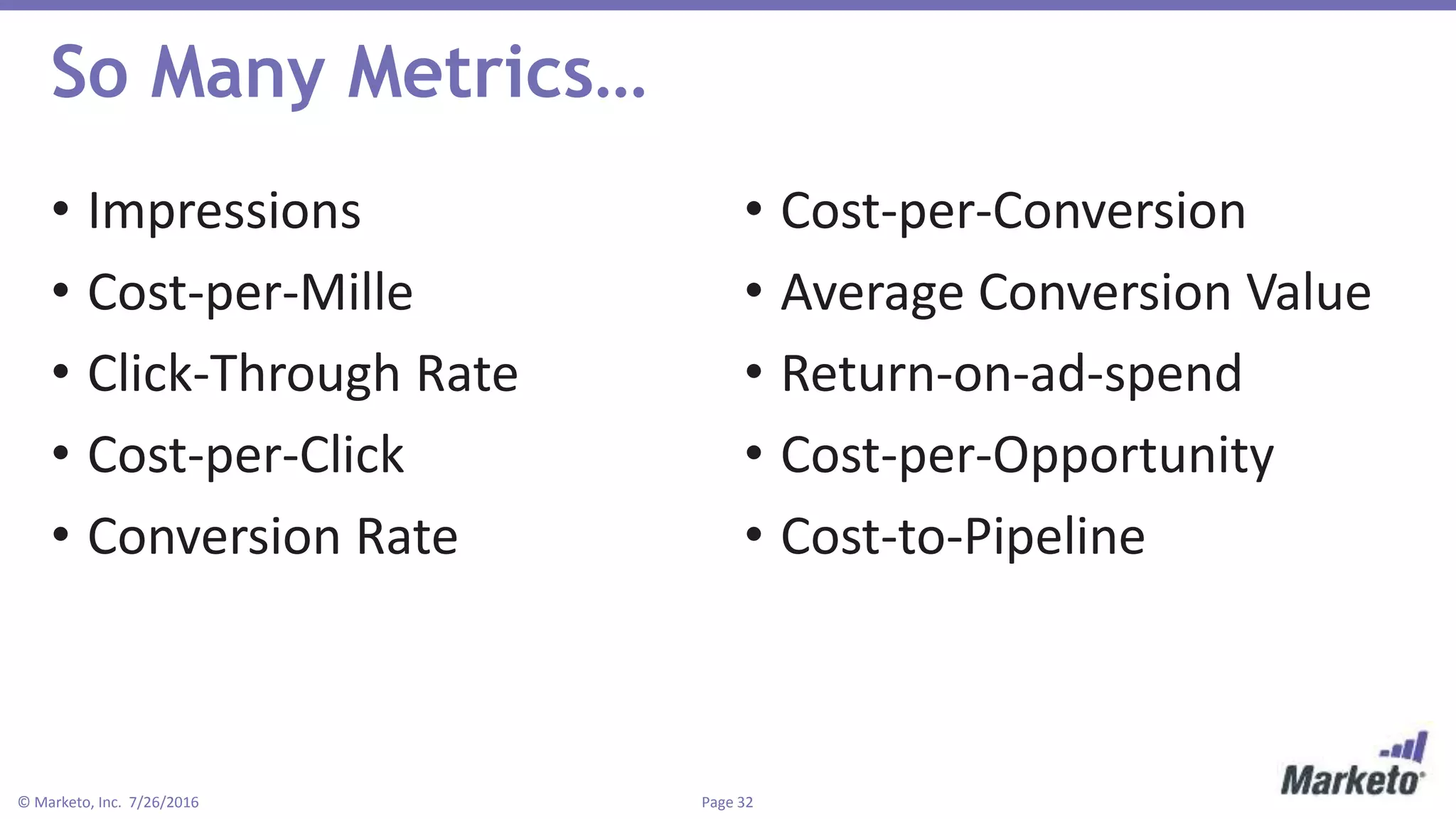 Page 32© Marketo, Inc. 7/26/2016
So Many Metrics…
• Impressions
• Cost-per-Mille
• Click-Through Rate
• Cost-per-Click
• Conversion Rate
• Cost-per-Conversion
• Average Conversion Value
• Return-on-ad-spend
• Cost-per-Opportunity
• Cost-to-Pipeline
 