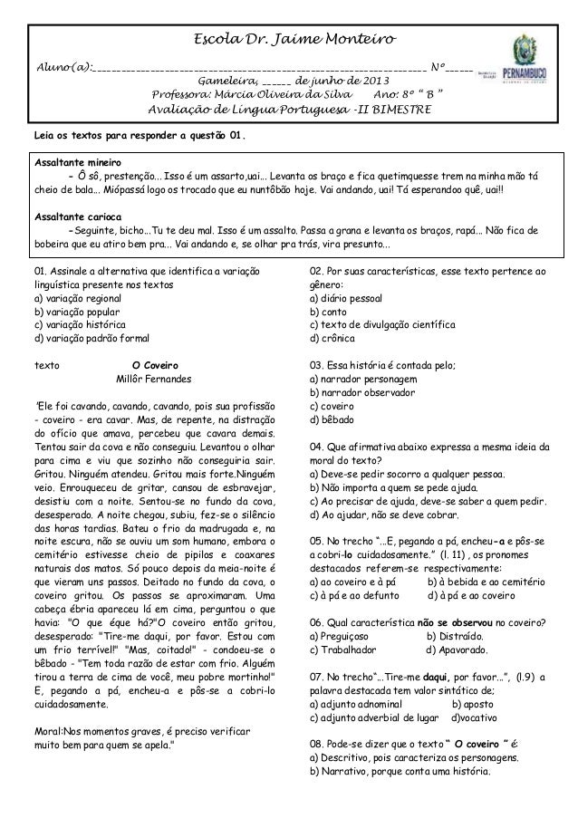 avaliação língua portuguesa 8ºB - II bimestre