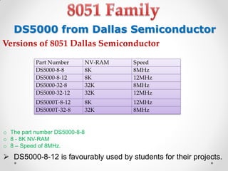 DS5000 from Dallas Semiconductor
Versions of 8051 Dallas Semiconductor
Part Number
DS5000-8-8
DS5000-8-12
DS5000-32-8
DS5000-32-12

NV-RAM
8K
8K
32K
32K

Speed
8MHz
12MHz
8MHz
12MHz

DS5000T-8-12
DS5000T-32-8

8K
32K

12MHz
8MHz

o The part number DS5000-8-8
o 8 - 8K NV-RAM
o 8 – Speed of 8MHz.

 DS5000-8-12 is favourably used by students for their projects.

 