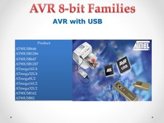 AVR with USB

Product
AT90USB646
AT90USB1286

AT90USB647
AT90USB1287
ATmega16U4
ATmega32U4
ATmega8U2
ATmega16U2
ATmega32U2
AT90USB162
AT90USB82

 