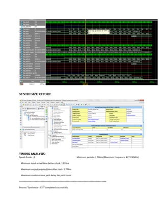 SYNTHESIZE REPORT:
TIMING ANALYSIS:
Speed Grade: -3 Minimum periods: 2.096ns (Maximum Frequency: 477.190MHz)
Minimum input arrival time before clock: 1.826ns
Maximum output required time after clock: 0.774ns
Maximum combinational path delay: No path found
=========================================================================
Process "Synthesize - XST" completed successfully
 