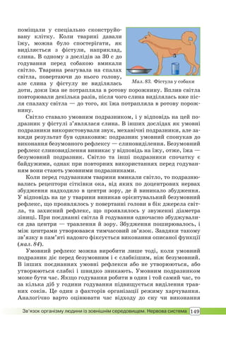 149Зв’язок організму людини із зовнішнім середовищем. Нервова система
поміщали у спеціально сконструйо-
вану клітку. Коли тварині давали
їжу, можна було спостерігати, як
виділяється з фістули, наприклад,
слина. В одному з дослідів за 30 с до
годування перед собакою вмикали
світло. Тварина реагувала на спалах
світла, повертаючи до нього голову,
але слина у фістулу не виділялась
доти, доки їжа не потрапляла в ротову порожнину. Вплив світла
повторювали декілька разів, після чого слина виділялась вже піс-
ля спалаху світла — до того, як їжа потрапляла в ротову порож-
нину.
Світло ставало умовним подразником, і у відповідь на цей по-
дразник у фістулі з’являлася слина. В інших дослідах як умовні
подразники використовували звук, механічні подразники, але за-
вжди результат був однаковим: подразник умовний спонукав до
виконання безумовного рефлексу — слиновиділення. Безумовний
рефлекс слиновиділення виникає у відповідь на їжу, отже, їжа —
безумовний подразник. Світло та інші подразники спочатку є
байдужими, однак при повторних використаннях перед годуван-
ням вони стають умовними подразниками.
Коли перед годуванням тварини вмикали світло, то подразню-
вались рецептори сітківки ока, від яких по доцентрових нервах
збудження надходило в центри зору, де й виникало збудження.
У відповідь на це у тварини виникав орієнтувальний безумовний
рефлекс, що проявлялось у повертанні голови в бік джерела світ-
ла, та захисний рефлекс, що проявлялось у звуженні діаметра
зіниці. При поєднанні світла й годування одночасно збуджували-
ся два центри — травлення й зору. Збудження поширювалось, і
між центрами утворювався тимчасовий зв’язок. Завдяки такому
зв’язку в пам’яті надовго фіксується виконання описаної функції
(мал. 84).
Умовний рефлекс можна виробити лише тоді, коли умовний
подразник діє перед безумовним і є слабкішим, ніж безумовний.
В інших поєднаннях умовні рефлекси або не утворюються, або
утворюються слабкі і швидко зникають. Умовним подразником
може бути час. Якщо годування робити в один і той самий час, то
за кілька діб у години годування підвищується виділення трав-
них соків. Це один з факторів організації режиму харчування.
Аналогічно варто оцінювати час відходу до сну чи виконання
Мал. 83. Фістула у собаки
 