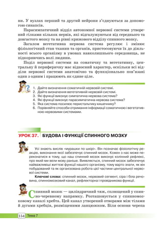 154 Тема 7
ни. У вузлах перший та другий нейрони з’єднуються за допомо-
гою синапсів.
Парасимпатичний відділ автономної нервової системи утворе-
ний гілками кількох нервів, які відгалужуються від середнього та
довгастого мозку та на рівні крижового відділу спинного мозку.
Загалом вегетативна нервова система регулює і змінює
фізіологічний стан тканин та органів, пристосовуючи їх до діяль-
ності всього організму в умовах навколишнього середовища, не
підкоряючись волі людини.
Поділ нервової системи на соматичну та вегетативну, цен-
тральну й периферичну має відносний характер, оскільки всі від-
діли нервової системи анатомічно та функціонально пов’язані
один з одним і працюють як єдине ціле.
1. Дайте визначення соматичній нервовій системі.
2. Дайте визначення вегетативній нервовій системі.
3. Які функції виконує симпатична нервова система?
4. Які функції виконує парасимпатична нервова система?
5. Яка система посилює перистальтику кишечнику?
6. Порівняйте способи отримання інформації соматичною і вегетатив-
ною нервовими системами.
УРОК 37. БУДОВА І ФУНКЦІЇ СПИННОГО МОЗКУ
Усі знають вислів «мурашки по шкірі». Він позначає фізіологічну ре-
акцію, виконання якої забезпечує спинний мозок. Кожен з нас може пе-
реконатися в тому, що наш спинний мозок виконує колінний рефлекс,
про який ми вели мову раніше. Виявляється, спинний мозок забезпечує
найважливіші життєві функції нашого організму, тому варто знати, як він
побудований та як організована робота цієї частини центральної нерво-
вої системи.
Ключові слова: спинний мозок, нервовий сегмент, сіра і біла речо-
вина, спинномозковий канал, рефлекторна і провідникова функції.
Спинний мозок — циліндричний тяж, сплющений у спин-
но-черевному напрямку. Розташовується у спинномоз-
ковому каналі хребта. Цей канал утворений отворами між тілами
й дугами хребців, розміщеними ланцюжком. Біля основи черепа
 