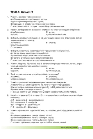 269Тестові завдання
ТЕМА 3. ДИХАННЯ
1. Укажіть наслідок тютюнокуріння:
А) збільшення життєвої ємності легень;
Б) розширення кровоносних судин;
В) підвищення еластичності голосових зв’язок;
Г) утворення стійкої сполуки гемоглобіну з чадним газом.
2. Назвіть захворювання дихальної системи, які спричинено дією алергенів:
А) туберкульоз; В) ангіна;
Б) грип; Г) бронхіальна астма.
3. Виберіть речовину, збільшення концентрації в крові якої спричинює активі-
зацію дихального центру:
А) глюкоза; В) кисень;
Б) вуглекислий газ;
Г) сечовина.
4. Виберіть правильну характеристику процесу вентиляції легень:
А) під час вдиху діафрагма розслаблена;
Б) спокійний видих здійснюється пасивно;
В) частоту дихальних рухів регулює мозочок;
Г) вдих супроводжується скороченням плеври.
5. Укажіть хворобу, причиною якої є запальний процес у тканині легень, спри-
чинений хвороботворними бактеріями:
А) пневмонія; В) ангіна;
Б) риніт; Г) туберкульоз.
6. Який процес лежить в основі газообміну в легенях?
А) осмос; В) дифузія;
Б) транспірація; Г) випаровування.
7. Укажіть правильне твердження про транспорт газів кров’ю:
А) збагачена О2
кров надходить від легень у праве передсердя;
Б) у легеневих капілярах концентрація О2
та СО2
врівноважується;
В) гемоглобін транспортує лише О2
;
Г) більша частина СО2
виводиться у формі карбонатів Калію та Натрію.
8. Назвіть структуру (1) та процес (2), у результаті якого відбувається газообмін
у легенях:
А) 1 – альвеола, 2 – випаровування;
Б) 1 – альвеола, 2 – дифузія;
В) 1 – нефрон, 2 – реабсорбція;
Г) 1 – нефрон, 2 – фільтрація.
9. Укажіть правильний перелік органів, які входять до складу дихальної систе-
ми.
А) носова порожнина, трахея, серце, легені;
Б) носова порожнина, легені, капіляри, серце;
В) носова порожнина, гортань, бронхи, легені;
Г) носова порожнина, гортань, щитоподібна залоза, легені.
 