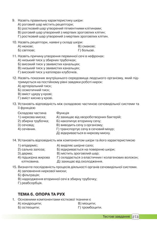273Тестові завдання
9. Назвіть правильну характеристику шкіри:
А) роговий шар містить рецептори;
Б) ростковий шар утворений пігментними клітинами;
В) роговий шар утворений з мертвих зроговілих клітин;
Г) ростковий шар утворений з мертвих зроговілих клітин.
10. Назвіть рецептори, наявні у складі шкіри:
А) нюхові; В) смакові;
Б) світлові; Г) больові.
11. Назвіть причину утворення первинної сечі в нефронах:
А) низький тиск у збирних трубочках;
Б) високий тиск у звивистих канальцях;
В) низький тиск у звивистих канальцях;
Г) високий тиск у капілярах клубочків.
12. Назвіть показник внутрішнього середовища людського організму, який під-
тримується на постійному рівні завдяки роботі нирок:
А) артеріальний тиск;
Б) осмотичний тиск;
В) вміст цукру у крові;
Г) вміст кисню у крові.
13. Установіть відповідність між складовою частиною сечовидільної системи та
її функцією
Складова частина
1) ниркова миска;
2) збирна трубочка;
3) сечовід;
4) сечівник.
Функція
А) захищає від хвороботворних бактерій;
Б) накопичує вторинну сечу;
В) виводить сечу з організму;
Г) транспортує сечу в сечовий міхур;
Д) відкривається в ниркову миску.
14. Установіть відповідність між компонентом шкіри та його характеристикою
1) епідерміс;
2) сальна залоза;
3) дерма;
4) підшкірна жирова
клітковина.
А) виділяє шкірне сало;
Б) відкривається на поверхню шкіри;
В) містить зроговілий шар;
Г) складається з еластичних і колагенових волокон;
Д) захищає від охолодження.
15. Визначте послідовність процесів діяльності органів сечовидільної системи.
А) заповнення ниркової миски;
Б) фільтрація;
В) надходження вторинної сечі в збирну трубочку;
Г) реабсорбція.
ТЕМА 6. ОПОРА ТА РУХ
1. Основними компонентами кісткової тканини є
А) хондроцити; В) міоцити;
Б) остеоцити; Г) тромбоцити.
 