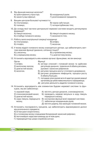 276 Тестові завдання
8. Яку функцію виконує мозочок?
А) орієнтування у просторі; В) координації рухів;
Б) захисту від інфекції; Г) розпізнавання предметів.
9. Вищим центром больової чутливості є:
А) гіпоталамус; В) чорна субстанція;
Б) таламус; Г) чотиригорбикове тіло;
10. До складу якої частини центральної нервової системи входить ретикулярна
формація?
А) півкулі мозочка; В) півкулі кінцевого мозку;
Б) стовбур головного мозку; Г) мозолисте тіло.
11. Роботу залоз внутрішньої секреції координує
А) гіпоталамус; В) епіфіз;
Б) гіпофіз; Г) мозочок.
12. У якому відділі головного мозку знаходяться центри, що забезпечують жит-
тєво важливі функції (дихання, кліпання тощо)?
А) у мозочку; В) у проміжному мозку;
Б) у середньому мозку; Г) у довгастому мозку.
13. Установіть відповідність між назвою органа і функціями, які він виконує
Орган
1) епіфіз;
2) вилочкова залоза;
3) довгастий мозок;
4) мозочок.
Функції
А) зв’язує спинний і головний мозок та здійснює
регуляцію дихання, травлення й обміну речовин,
рухових і захисних рефлексів
Б) регулює процеси росту і статевого дозрівання;
В) регулює дозрівання лімфоцитів, процеси росту
й обміну Кальцію;
Г) погоджує різні рухові акти й адаптує рухові реакції
організму до умов навколишнього середовища;
Д) регулює діяльність відділів головного мозку.
14. Установіть відповідність між елементом будови нервової системи та фун-
кцією, яку він забезпечує:
1) зоровий нерв;
2) спинномозковий канал;
3) довгастий мозок;
4) кора півкуль переднього
мозку;
А) містить центри дихання, слиновиділення;
Б) проводить нервові імпульси в кору півкуль
переднього мозку;
В) контролює функції всієї нервової системи;
Г) забезпечує координацію рухів;
Д) містить рідину, яка захищає головний мозок.
15. Установіть послідовність процесів, що забезпечують відсмикування долоні
від розпеченого предмета:
А) м’язи руки скоротились;
Б) у головному мозку спрацював безумовний захисний рефлекс;
В) мотонейрон надіслав команду до м’язів руки;
Г) терморецептор шкіри сприйняв сигнал.
 