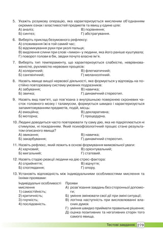 279Тестові завдання
5. Укажіть розумову операцію, яка характеризується мисленим об’єднанням
окремих ознак і властивостей предметів та явищ у єдине ціле:
А) аналіз; В) порівняння;
Б) синтез; Г) абстрагування.
6. Виберіть приклад безумовного рефлексу:
А) споживання їжі в той самий час;
Б) відсмикування руки при уколі пальця;
В) виділення слини при слові «лимон» у людини, яка його раніше куштувала;
Г) поворот голови в бік, звідки почуто власне ім’я.
7. Виберіть тип темпераменту, що характеризується слабкістю, неврівнова-
женістю, рухливістю нервових процесів:
А) холеричний; В) флегматичний;
Б) сангвінічний; Г) меланхолічний.
8. Назвіть явище вищої нервової діяльності, яке формується у відповідь на по-
стійно повторювану систему умовних подразників:
А) забування; В) навичка;
Б) звичка; Г) динамічний стереотип.
9. Назвіть вид пам’яті, що пов’язана з внутрішньою поверхнею скроневих ча-
сток головного мозку і таламусом, формується швидко і характеризується
запамятовуванням предметів, подій, місць:
А) емоційна; В) декларативна;
Б) моторна; Г) процедурна.
10. Людині доводиться часто повторювати ту саму дію, яка не підкріплюється ні
стимулом, ні покаранням. Який психофізіологічний процес стане результа-
том описаного явища?
А) звикання; В) навичка;
Б) закарбування; Г) динамічний стереотип.
11. Назвіть рефлекс, який лежить в основі формування мимовільної уваги:
А) харчовий; В) орієнтувальний;
Б) мигальний; Г) статевий.
12. Назвіть стадію реакції людини на дію стрес-фактора:
А) сприйняття; В) відчуття;
Б) споглядання; Г) опору.
13. Установіть відповідність між індивідуальними особливостями мислення та
їхніми проявами:
Індивідуальні особливості
мислення
1) самостійність;
2) критичність;
3) гнучкість;
4) послідовність.
Прояви
А) розв’язання завдань без сторонньої допомо-
ги;
Б) уміння змінювати свої дії при зміні ситуації;
В) логічна наступність при висловлюванні вла-
сних думок
Г) уміння швидко приймати правильне рішення;
Д) оцінка позитивних та негативних сторін того
самого явища.
 