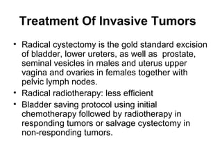 Treatment Of Invasive Tumors
• Radical cystectomy is the gold standard excision
of bladder, lower ureters, as well as prostate,
seminal vesicles in males and uterus upper
vagina and ovaries in females together with
pelvic lymph nodes.
• Radical radiotherapy: less efficient
• Bladder saving protocol using initial
chemotherapy followed by radiotherapy in
responding tumors or salvage cystectomy in
non-responding tumors.
 