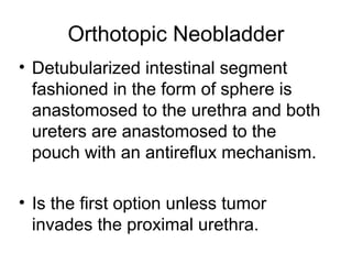 Orthotopic Neobladder
• Detubularized intestinal segment
fashioned in the form of sphere is
anastomosed to the urethra and both
ureters are anastomosed to the
pouch with an antireflux mechanism.
• Is the first option unless tumor
invades the proximal urethra.
 