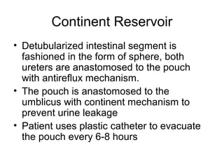 Continent Reservoir
• Detubularized intestinal segment is
fashioned in the form of sphere, both
ureters are anastomosed to the pouch
with antireflux mechanism.
• The pouch is anastomosed to the
umblicus with continent mechanism to
prevent urine leakage
• Patient uses plastic catheter to evacuate
the pouch every 6-8 hours
 