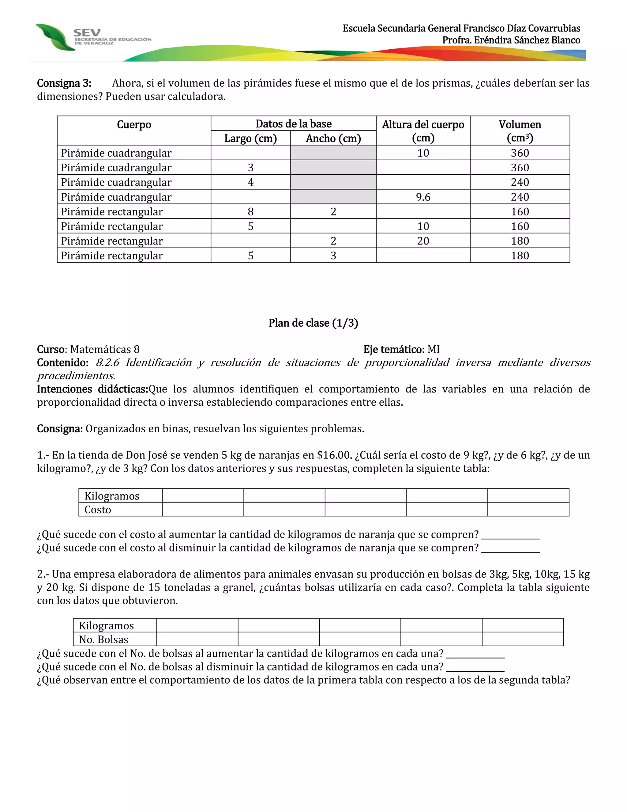 Escuela Secundaria General Francisco Díaz Covarrubias
                                                                                         Profra. Eréndira Sánchez Blanco



Consigna 3:   Ahora, si el volumen de las pirámides fuese el mismo que el de los prismas, ¿cuáles deberían ser las
dimensiones? Pueden usar calculadora.

                  Cuerpo                      Datos de la base             Altura del cuerpo         Volumen
                                        Largo (cm)       Ancho (cm)              (cm)                 (cm3)
     Pirámide cuadrangular                                                        10                   360
     Pirámide cuadrangular                   3                                                         360
     Pirámide cuadrangular                   4                                                         240
     Pirámide cuadrangular                                                         9.6                 240
     Pirámide rectangular                    8                 2                                       160
     Pirámide rectangular                    5                                     10                  160
     Pirámide rectangular                                      2                   20                  180
     Pirámide rectangular                    5                 3                                       180




                                                 Plan de clase (1/3)

Curso: Matemáticas 8                                           Eje temático: MI
Contenido: 8.2.6 Identificación y resolución de situaciones de proporcionalidad inversa mediante diversos
procedimientos.
Intenciones didácticas:Que los alumnos identifiquen el comportamiento de las variables en una relación de
proporcionalidad directa o inversa estableciendo comparaciones entre ellas.

Consigna: Organizados en binas, resuelvan los siguientes problemas.

1.- En la tienda de Don José se venden 5 kg de naranjas en $16.00. ¿Cuál sería el costo de 9 kg?, ¿y de 6 kg?, ¿y de un
kilogramo?, ¿y de 3 kg? Con los datos anteriores y sus respuestas, completen la siguiente tabla:

          Kilogramos
          Costo

¿Qué sucede con el costo al aumentar la cantidad de kilogramos de naranja que se compren? ______________
¿Qué sucede con el costo al disminuir la cantidad de kilogramos de naranja que se compren? ______________

2.- Una empresa elaboradora de alimentos para animales envasan su producción en bolsas de 3kg, 5kg, 10kg, 15 kg
y 20 kg. Si dispone de 15 toneladas a granel, ¿cuántas bolsas utilizaría en cada caso?. Completa la tabla siguiente
con los datos que obtuvieron.

        Kilogramos
        No. Bolsas
¿Qué sucede con el No. de bolsas al aumentar la cantidad de kilogramos en cada una? ______________
¿Qué sucede con el No. de bolsas al disminuir la cantidad de kilogramos en cada una? ______________
¿Qué observan entre el comportamiento de los datos de la primera tabla con respecto a los de la segunda tabla?
 