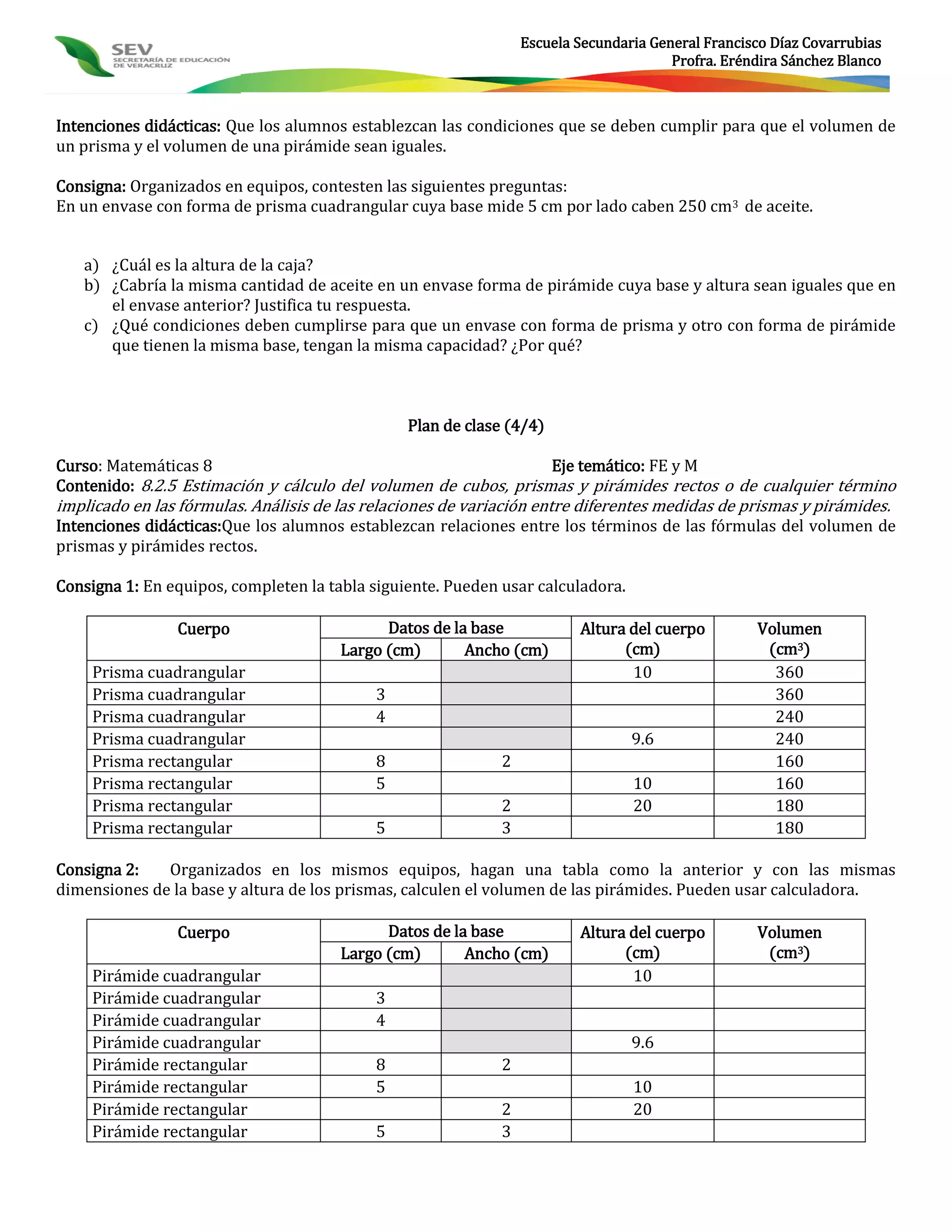 Escuela Secundaria General Francisco Díaz Covarrubias
                                                                                       Profra. Eréndira Sánchez Blanco



Intenciones didácticas: Que los alumnos establezcan las condiciones que se deben cumplir para que el volumen de
un prisma y el volumen de una pirámide sean iguales.

Consigna: Organizados en equipos, contesten las siguientes preguntas:
En un envase con forma de prisma cuadrangular cuya base mide 5 cm por lado caben 250 cm3 de aceite.


   a) ¿Cuál es la altura de la caja?
   b) ¿Cabría la misma cantidad de aceite en un envase forma de pirámide cuya base y altura sean iguales que en
      el envase anterior? Justifica tu respuesta.
   c) ¿Qué condiciones deben cumplirse para que un envase con forma de prisma y otro con forma de pirámide
      que tienen la misma base, tengan la misma capacidad? ¿Por qué?



                                                Plan de clase (4/4)

Curso: Matemáticas 8                                             Eje temático: FE y M
Contenido: 8.2.5 Estimación y cálculo del volumen de cubos, prismas y pirámides rectos o de cualquier término
implicado en las fórmulas. Análisis de las relaciones de variación entre diferentes medidas de prismas y pirámides.
Intenciones didácticas:Que los alumnos establezcan relaciones entre los términos de las fórmulas del volumen de
prismas y pirámides rectos.

Consigna 1: En equipos, completen la tabla siguiente. Pueden usar calculadora.

                Cuerpo                       Datos de la base            Altura del cuerpo         Volumen
                                       Largo (cm)       Ancho (cm)             (cm)                 (cm3)
    Prisma cuadrangular                                                         10                   360
    Prisma cuadrangular                     3                                                        360
    Prisma cuadrangular                     4                                                        240
    Prisma cuadrangular                                                          9.6                 240
    Prisma rectangular                      8                2                                       160
    Prisma rectangular                      5                                    10                  160
    Prisma rectangular                                       2                   20                  180
    Prisma rectangular                      5                3                                       180

Consigna 2:   Organizados en los mismos equipos, hagan una tabla como la anterior y con las mismas
dimensiones de la base y altura de los prismas, calculen el volumen de las pirámides. Pueden usar calculadora.

                Cuerpo                       Datos de la base            Altura del cuerpo         Volumen
                                       Largo (cm)       Ancho (cm)             (cm)                 (cm3)
    Pirámide cuadrangular                                                       10
    Pirámide cuadrangular                   3
    Pirámide cuadrangular                   4
    Pirámide cuadrangular                                                        9.6
    Pirámide rectangular                    8                2
    Pirámide rectangular                    5                                    10
    Pirámide rectangular                                     2                   20
    Pirámide rectangular                    5                3
 