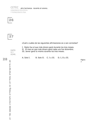 CETEC
CONSORCIO EDUCATIVO
Y TECNOLÓGICO LTDA.
26
27
DATO
S Y
AZAR.
28 E
n
e
l
s
i
g
u
i
e
n
t
e
g
r
á
f
i
c
o
s
e
m
u
e
s
t
r
a
e
l
d
i
n
e
r
o
g
a
n
a
d
o
p
o
r
c
u
atro hermanos durante el verano.
¿Cuál o cuáles de las siguientes afirmaciones es o son correctas?
I. Pedro fue el que más dinero ganó durante los tres meses.
II. El mes en que más dinero ganó cada uno fue diciembre.
III. Javier ganó lo mismo durante los tres meses.
A. Solo I. B. Solo II. C. I y III. D. I, II y III.
Página
7
 