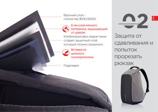 Верхний слой -
полиэстер300D/600D
6 мм слой мягкого
материала, защищающий
от ударов
Защита от
сдавливания и
попыток
прорез...