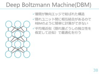 Deep Boltzmann Machine(DBM)
層間が無向エッジで結ばれた構造
隠れユニット間に相互結合があるので
RBMのように簡単に計算ができない
平均場近似（隠れ層どうしの独立性を
仮定して近似）で最適化を行う
38
 