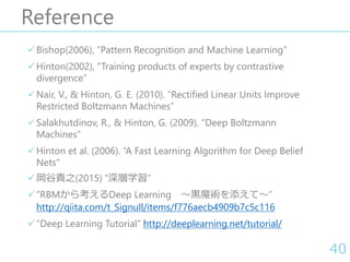 Reference
Bishop(2006), “Pattern Recognition and Machine Learning”
Hinton(2002), ”Training products of experts by contra...