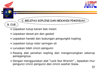 51
C. MELEPAS KOPLING DAN MEKANIK PEMINDAH
B. CUB
• Lepaskan tutup kanan bak mesin
• Lepaskan dowel pin dan gasket
• Lepaskan handel dan bubungan pengungkit kopling
• Lepaskan tutup rotor saringan oli
• Luruskan lidah cincin pengunci
• Pasang alat penahan kopling dan mengencangkan sekerup
penegangnya.
• Dengan menggunakan alat “Lock Nut Wrench” , lepaskan mur
pengunci cincin pengunci dan cincin washer biasa.
 