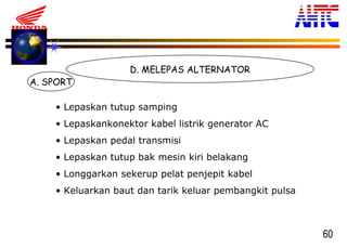 60
D. MELEPAS ALTERNATOR
A. SPORT
• Lepaskan tutup samping
• Lepaskankonektor kabel listrik generator AC
• Lepaskan pedal transmisi
• Lepaskan tutup bak mesin kiri belakang
• Longgarkan sekerup pelat penjepit kabel
• Keluarkan baut dan tarik keluar pembangkit pulsa
 