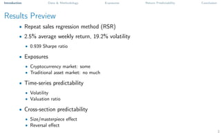 Introduction Data & Methodology Exposures Return Predictability Conclusion
Results Preview
• Repeat sales regression method (RSR)
• 2.5% average weekly return, 19.2% volatility
• 0.939 Sharpe ratio
• Exposures
• Cryptocurrency market: some
• Traditional asset market: no much
• Time-series predictability
• Volatility
• Valuation ratio
• Cross-section predictability
• Size/masterpiece effect
• Reversal effect
2
 