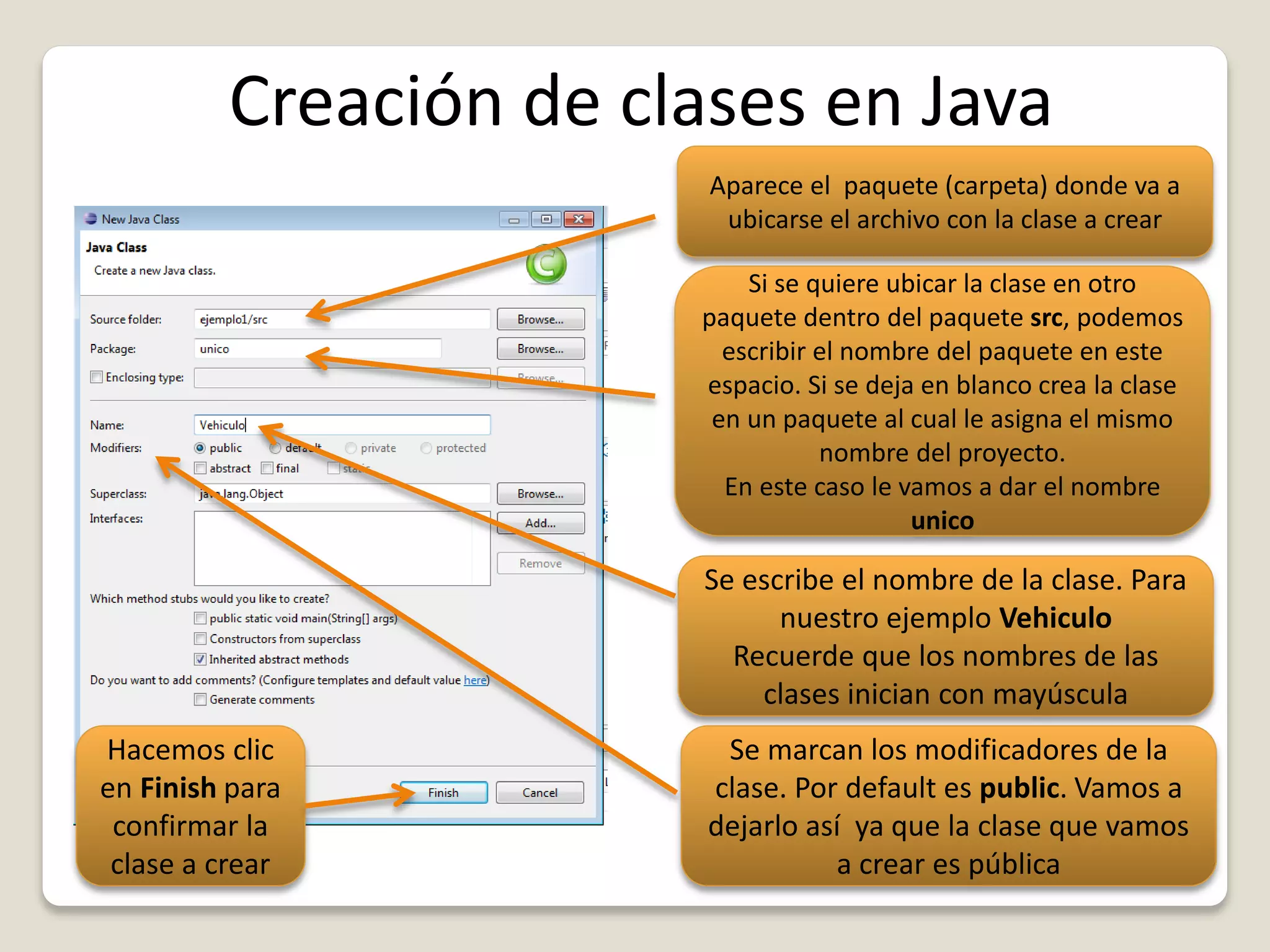 Creación de clases en Java
Aparece el paquete (carpeta) donde va a
ubicarse el archivo con la clase a crear
Si se quiere ubicar la clase en otro
paquete dentro del paquete src, podemos
escribir el nombre del paquete en este
espacio. Si se deja en blanco crea la clase
en un paquete al cual le asigna el mismo
nombre del proyecto.
En este caso le vamos a dar el nombre
unico
Se escribe el nombre de la clase. Para
nuestro ejemplo Vehiculo
Recuerde que los nombres de las
clases inician con mayúscula
Se marcan los modificadores de la
clase. Por default es public. Vamos a
dejarlo así ya que la clase que vamos
a crear es pública
Hacemos clic
en Finish para
confirmar la
clase a crear
 