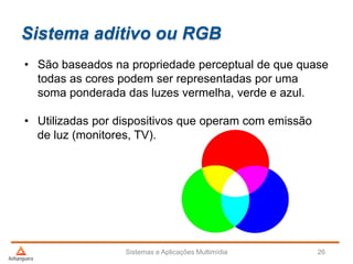 Sistema aditivo ou RGB
Sistemas e Aplicações Multimídia 26
• São baseados na propriedade perceptual de que quase
todas as cores podem ser representadas por uma
soma ponderada das luzes vermelha, verde e azul.
• Utilizadas por dispositivos que operam com emissão
de luz (monitores, TV).
 