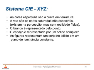 Sistema CIE - XYZ:
Sistemas e Aplicações Multimídia 36
• As cores espectrais são a curva em ferradura.
• A reta são as cores saturadas não espectrais,
(existem na percepção, mas sem realidade física).
• O branco é representado pelo ponto.
• O espaço é representado por um sólido complexo.
• As figuras representam um corte no sólido em um
plano de luminância constante.
 