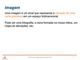 Imagem
Uma imagem é um sinal que representa a variação de uma
certa grandeza em um espaço bidimensional.
Pode ser uma fotografia, a cena formada na nossa retina, um
mapa de elevações, etc.
Sistemas e Aplicações Multimídia 4
 