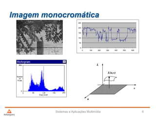 Imagem monocromática
Sistemas e Aplicações Multimídia 6
0
50
100
150
200
250
0 100 200 300 400 500 600
u
v
L
L(u,v)
 