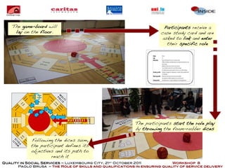 The game-board will                                                 Participants receive a
     lay on the floor.                                                case study card and are
                                                                       asked to link and enter
                                                                         their specific role




                                                           The participants start the role play
                                                           by throwing the foam-rubber dices

            Following the dices sum,
            the participant defines its
            objectives and its path to
                     reach it
Quality in Social Services – Luxembourg City, 21st October 2011            Workshop 8
       Paolo Brusa – the Role of skills and qualifications in ensuring quality of service delivery
 