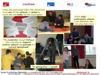 When the participant takes the situational
 card, one of the observer is invited to
 reach the red center of the board-game
                                                                         While other
                                                                         participants observe
                                                                         with attention, the
                                                                         role-play take place




  The conductor always follows
    the role-play to support,
 control, address and guaranty its
       correct development




                              The gaming-time is variable

Quality in Social Services – Luxembourg City, 21st October 2011            Workshop 8
       Paolo Brusa – the Role of skills and qualifications in ensuring quality of service delivery
 