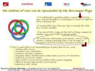 the relation of care can be represented by the Borromean Rings

                                     -> in mathematics, quantum physic, various symbolism,
                                     logic and psychoanalysis, 3 topological circles are linked to
                                     form a Brunnian link

                                     -> meaning that every time one ring is removed, the other
                                     two remains unlinked.

                                     -> no one of the 3 rings, by the fact of being wrapped by
                                     another ring, is not itself wrapping another

                                     -> within the relationship, each dynamic which is not
                                     bound is binding, everything that is not brought to
                                     awareness and consciousness becomes an action

        -> this is applicable to all representations at every level of our work :
            - setting, offer, tools
            - personnel, user, institution
            - wellness, hardship, symptom
            - biography before homelessness, today needs, process of reinsertion
            - inclusion, exclusion, shelter
            - logical path in social policy, SSGIs offer, people biography
            - physical domain, legal domain, social domain
            - experience, skill, reality
                 …
Quality in Social Services – Luxembourg City, 21st October 2011            Workshop 8
       Paolo Brusa – the Role of skills and qualifications in ensuring quality of service delivery
 