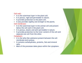 Cell wall:
• It is the outermost layer in the plant cell.
• It is porous, rigid and permeable in nature.
• It provides protection to the plant cell.
• It also provides rigidity and strength to the plants.
Cell membrane:
• It is the outermost layer in the animal cell and present
below the cell wall in the plant cell.
• It is porous, elastic and semi permeable in nature.
• It provides protection to the inner content of the cell and
separate one cell from the other.
Cytoplasm:
• It is the jelly-like substance present between the cell
membrane and nucleus.
• It contains carbohydrates, proteins, fats and mineral
salts.
• Most of the processes takes place within the cytoplasm.
Parts
of
a
cell
 