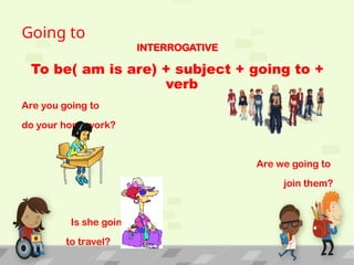 Going to
INTERROGATIVE
To be( am is are) + subject + going to +
verb
Are you going to
do your homework?
Are we going to
join them?
Is she going
to travel?
 