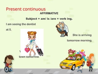 Present continuous
AFFIRMATIVE
Subject + am/ is /are + verb ing.
I am seeing the dentist
at 5.
She is arriving
tomorrow morning.
We are leaving
town tomorrow.
 