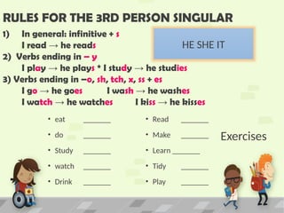 1) In general: infinitive + s
I read → he reads
2) Verbs ending in – y
I play → he plays * I study → he studies
3) Verbs ending in –o, sh, tch, x, ss + es
I go → he goes I wash → he washes
I watch → he watches I kiss → he kisses
RULES FOR THE 3RD PERSON SINGULAR
HE SHE IT
Exercises
• eat _______
• do _______
• Study _______
• watch _______
• Drink _______
• Read _______
• Make _______
• Learn _______
• Tidy _______
• Play _______
 