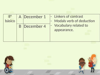 8°
básico
A December 1 - Linkers of contrast
- Modals verb of deduction
- Vocabulary related to
appearance.
B December 4
 