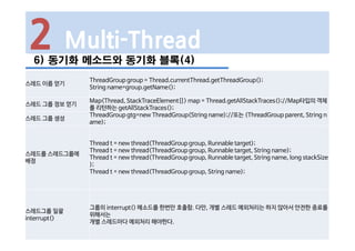 2 Multi-Thread
6) 동기화 메소드와 동기화 블록(4)
스레드 이름 얻기
ThreadGroup group = Thread.currentThread.getThreadGroup();
String name=group.getName();
스레드 그룹 정보 얻기
Map<Thread, StackTraceElement[]> map = Thread.getAllStackTraces();//Map타입의 객체
를 리턴하는 getAllStackTraces();
스레드 그룹 생성
ThreadGroup gtg=new ThreadGroup(String name);//또는 (ThreadGroup parent, String n
ame);
스레드를 스레드그룹에
배정
Thread t = new thread(ThreadGroup group, Runnable target);
Thread t = new thread(ThreadGroup group, Runnable target, String name);
Thread t = new thread(ThreadGroup group, Runnable target, String name, long stackSize
);
Thread t = new thread(ThreadGroup group, String name);
스레드그룹 일괄
interrupt()
그룹의 interrupt() 메소드를 한번만 호출함. 다만, 개별 스레드 예외처리는 하지 않아서 안전한 종료를
위해서는
개별 스레드마다 예외처리 해야한다.
 