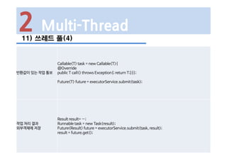2 Multi-Thread
11) 쓰레드 풀(4)
반환값이 있는 작업 통보
Callable<T> task = new Callable<T>{
@Override
public T call() throws Exception{; return T;}}};
Future<T> future = executorService.submit(task);
작업 처리 결과
외부객체에 저장
Result result= …;
Runnable task = new Task(result);
Future<Result> future = executorService.submit(task, result);
result = future.get();
 