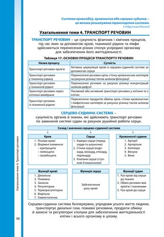 106
Система кровообігу, кровоносна або серцево-судинна, –
це велика розгалужена транспортна система.
З підручника біології
	 Узагальнення теми 4. ТРАНСПОРТ РЕЧОВИН
ТРАНСПОРТ РЕЧОВИН – це сукупність фізичних і хімічних процесів,
під час яких за допомогою крові, тканинної рідини та лімфи
здійснюється перенесення різних сполук усередині організму
для забезпечення його життєдіяльності.
Таблиця 17. Основні процеси транспорту речовин
Назва процесу Сутність
Транспорт речовин кров’ю
Активна циркуляція крові в серцево-судинній системі за
допомогою серця
Транспорт речовин
у тканинну рідину
Перенесення речовин крізь стінку кровоносних капілярів
за рахунок різниці тисків шляхом фільтрації
Транспорт речовин
у тканинній рідині
Перенесення речовин за рахунок різниці концентрацій
шляхом дифузії
Транспорт речовин через
клітинні мембрани
Пасивний або активний транспорт речовин у клітини та з
клітин
Транспорт речовин
із тканинної рідини
Перенесення продуктів обміну крізь стінки кровоносних
і лімфатичних капілярів за рахунок різниці тисків шляхом
фільтрації
СЕРЦЕВО-СУДИННА СИСТЕМА –
сукупність органів й тканин, які здійснюють транспорт речовин
по замкненій системі судин за рахунок рушійної роботи серця.
Склад і значення серцево-судинної системи
↓ ↓ ↓
Кров Серце Кровоносні судини
1.	 Плазма крові
2.	 Формені елементи:
	 – еритроцити
	 – лейкоцити
	 – тромбоцити
1.	 Камери серця (перед-
сердя та шлуночки)
2.	 Стінки серця (ендо-
кард, міокард, епікард,
перикард)
3.	 Клапани серця (стул-
кові й кишенькові)
1.	Артерії
2.	Артеріоли
3.	Капіляри
4.	Венули
5.	Вени
Функції крові Функція серця Функції судин
1.	Дихальна
2.	Поживна
3.	Захисна
4.	Регуляторна
5.	Терморегуляторна
6.	Видільна
7.	Гомеостатична
Забезпечення
руху крові
1.	 Рух крові від серця
до тканин
2.	 Обмін речовин між
кров’ю і тканинами
3.	 Рух крові до серця
Серцево-судинна система безперервно, упродовж усього життя людини,
транспортує дихальні гази, поживні речовини, продукти обміну
й захисні та регуляторні сполуки для забезпечення життєдіяльності
клітин і всього організму в цілому.
Узагальненнятеми4.Транспортречовин
 