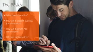 ©2018 Avanade Inc. All Rights Reserved. 18
The Basics
• What does it look like?
• How will it support business
transformation?
• How will it benefit ALL
stakeholders?
• Why are we doing this?
 